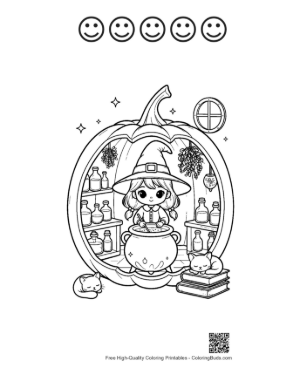 Thumbnail: Little Witch Inside a Giant Pumpkin House with Potion Bottles Magical Coloring Printable and 5 Happy Face Outline