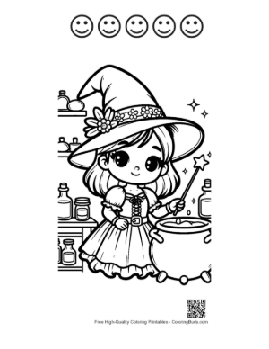 Thumbnail: Little Witch Looking into a Bubbling Cauldron with Magic Books Spooky Coloring Printable and 5 Happy Face Outline