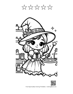 Thumbnail: Little Witch Looking into a Bubbling Cauldron with Magic Books Spooky Coloring Printable and 5 Star Outline