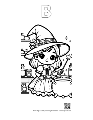 Thumbnail: Little Witch Looking into a Bubbling Cauldron with Magic Books Spooky Coloring Printable Outline Alphabet B