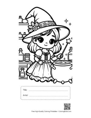Thumbnail: Little Witch Looking into a Bubbling Cauldron with Magic Books Spooky Coloring Printable with Title and Artist Box