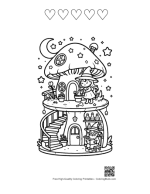 Thumbnail: Little Witches Exploring a Magical Mushroom Cottage Woodland Coloring Page Printable and 5 Heart Outline
