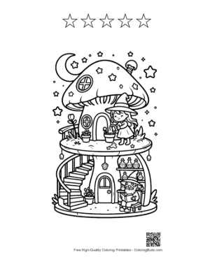 Thumbnail: Little Witches Exploring a Magical Mushroom Cottage Woodland Coloring Page Printable and 5 Star Outline