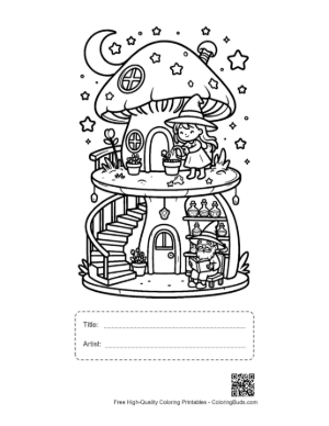 Thumbnail: Little Witches Exploring a Magical Mushroom Cottage Woodland Coloring Page Printable with Title and Artist Box