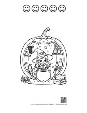 Thumbnail: Small Witch Preparing a Potion Inside a Pumpkin Home Spooky Coloring Sheet Printable and 5 Happy Face Outline