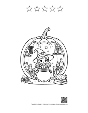 Thumbnail: Small Witch Preparing a Potion Inside a Pumpkin Home Spooky Coloring Sheet Printable and 5 Star Outline
