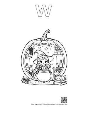 Thumbnail: Small Witch Preparing a Potion Inside a Pumpkin Home Spooky Coloring Sheet Printable Outline Alphabet W