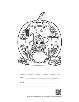 Thumbnail: Small Witch Preparing a Potion Inside a Pumpkin Home Spooky Coloring Sheet Printable with Title and Artist Box