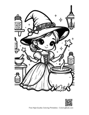 Thumbnail: Young Witch Casting a Spell Over a Magic Pot with a Wand Fantasy Coloring Page Printable