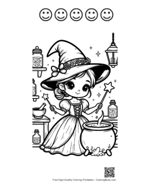 Thumbnail: Young Witch Casting a Spell Over a Magic Pot with a Wand Fantasy Coloring Page Printable and 5 Happy Face Outline