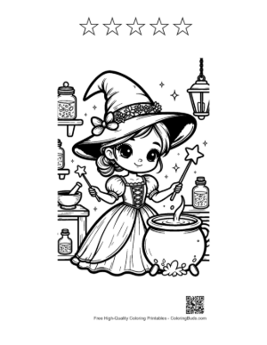 Thumbnail: Young Witch Casting a Spell Over a Magic Pot with a Wand Fantasy Coloring Page Printable and 5 Star Outline