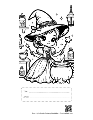 Thumbnail: Young Witch Casting a Spell Over a Magic Pot with a Wand Fantasy Coloring Page Printable with Title and Artist Box