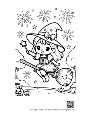Thumbnail: Young Witch Flying Her Broom Over a Park with Fireworks Festive Coloring Sheet Printable