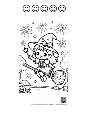 Thumbnail: Young Witch Flying Her Broom Over a Park with Fireworks Festive Coloring Sheet Printable and 5 Happy Face Outline