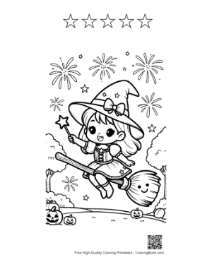 Thumbnail: Young Witch Flying Her Broom Over a Park with Fireworks Festive Coloring Sheet Printable and 5 Star Outline
