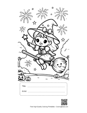 Thumbnail: Young Witch Flying Her Broom Over a Park with Fireworks Festive Coloring Sheet Printable with Title and Artist Box