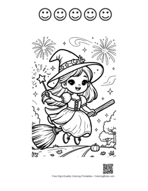 Thumbnail: Young Witch Flying on Her Broomstick Above a Pumpkin Field Night Sky Coloring Printable and 5 Happy Face Outline