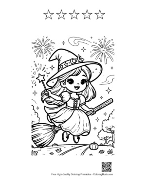 Thumbnail: Young Witch Flying on Her Broomstick Above a Pumpkin Field Night Sky Coloring Printable and 5 Star Outline