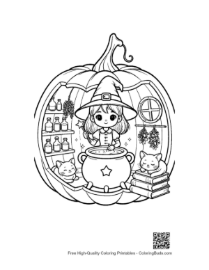 Thumbnail: Young Witch in Her Pumpkin Cottage Laboratory Magical Forest Coloring Page Printable