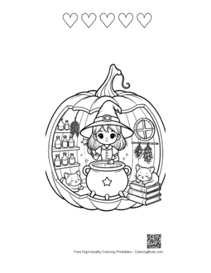 Thumbnail: Young Witch in Her Pumpkin Cottage Laboratory Magical Forest Coloring Page Printable and 5 Heart Outline