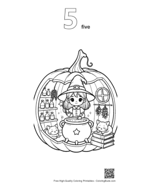 Thumbnail: Young Witch in Her Pumpkin Cottage Laboratory Magical Forest Coloring Page Printable Outline Number 5