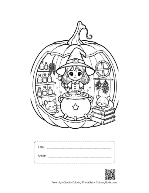 Thumbnail: Young Witch in Her Pumpkin Cottage Laboratory Magical Forest Coloring Page Printable with Title and Artist Box