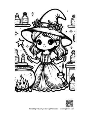Thumbnail: Young Witch Stirring a Magical Bubbling Cauldron Spooky Kitchen Coloring Printable