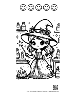 Thumbnail: Young Witch Stirring a Magical Bubbling Cauldron Spooky Kitchen Coloring Printable and 5 Happy Face Outline