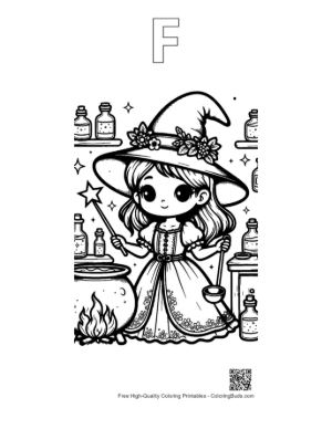 Thumbnail: Young Witch Stirring a Magical Bubbling Cauldron Spooky Kitchen Coloring Printable Outline Alphabet F