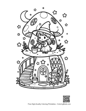 Thumbnail: Young Witches Gathering Herbs by a Fairy Mushroom House Nature Coloring Printable
