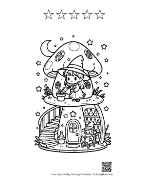 Thumbnail: Young Witches Gathering Herbs by a Fairy Mushroom House Nature Coloring Printable and 5 Star Outline