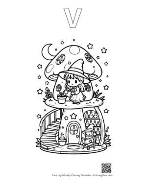 Thumbnail: Young Witches Gathering Herbs by a Fairy Mushroom House Nature Coloring Printable Outline Alphabet V