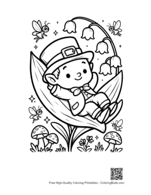 Thumbnail: Baby Leprechaun Napping on a Leaf Coloring Sheet Printable