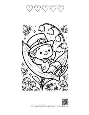 Thumbnail: Baby Leprechaun Napping on a Leaf Coloring Sheet Printable and 5 Heart Outline