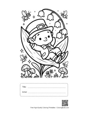 Thumbnail: Baby Leprechaun Napping on a Leaf Coloring Sheet Printable with Title and Artist Box