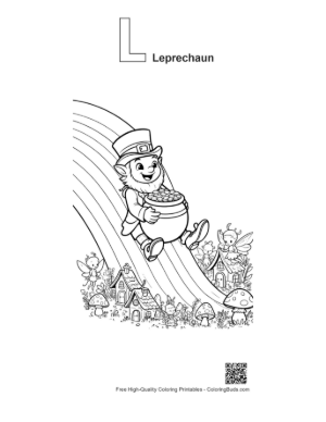 Thumbnail: Excited Leprechaun Riding a Rainbow Beam Printable Outline Alphabet L Leprechaun