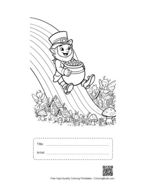 Thumbnail: Excited Leprechaun Riding a Rainbow Beam Printable with Title and Artist Box