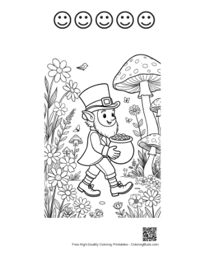 Thumbnail: Friendly Leprechaun Adventuring Near Mushroom Houses Printable and 5 Happy Face Outline