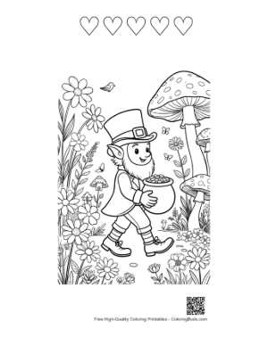 Thumbnail: Friendly Leprechaun Adventuring Near Mushroom Houses Printable and 5 Heart Outline