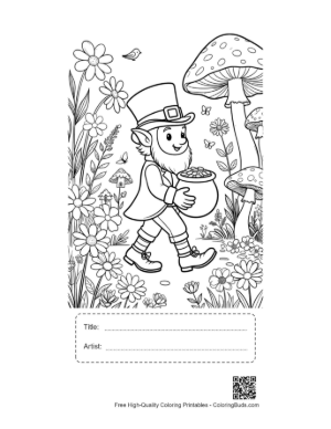 Thumbnail: Friendly Leprechaun Adventuring Near Mushroom Houses Printable with Title and Artist Box