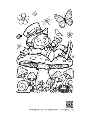 Thumbnail: Lazy Leprechaun Resting on a Large Toadstool Printable