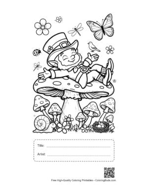 Thumbnail: Lazy Leprechaun Resting on a Large Toadstool Printable with Title and Artist Box