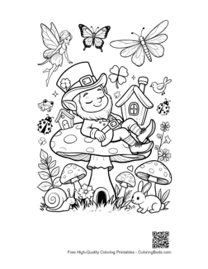 Thumbnail: Leprechaun Sitting on a Mushroom Near a Birdhouse Printable