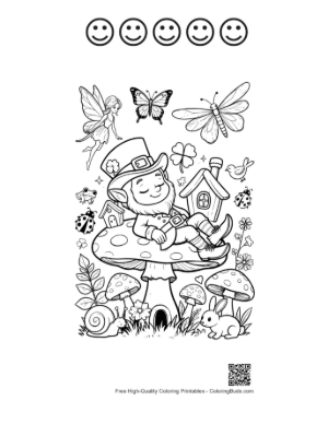 Thumbnail: Leprechaun Sitting on a Mushroom Near a Birdhouse Printable and 5 Happy Face Outline