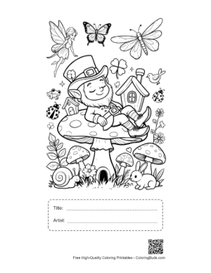 Thumbnail: Leprechaun Sitting on a Mushroom Near a Birdhouse Printable with Title and Artist Box