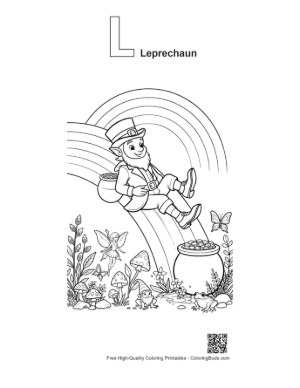 Thumbnail: Leprechaun Sliding Down a Rainbow into Gold Printable Outline Alphabet L Leprechaun