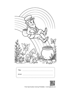 Thumbnail: Leprechaun Sliding Down a Rainbow into Gold Printable with Title and Artist Box