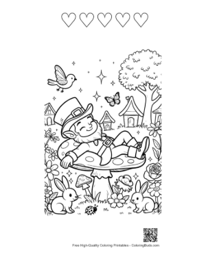 Thumbnail: Leprechaun Watching Butterflies in a Fantasy Garden Printable and 5 Heart Outline