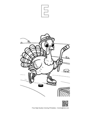 Thumbnail: Active Turkey Playing Ice Hockey in Winter Gear Printable Outline Alphabet E