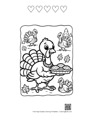Thumbnail: Cartoon Turkey Serving a Tasty Harvest Fruit Pie Printable and 5 Heart Outline